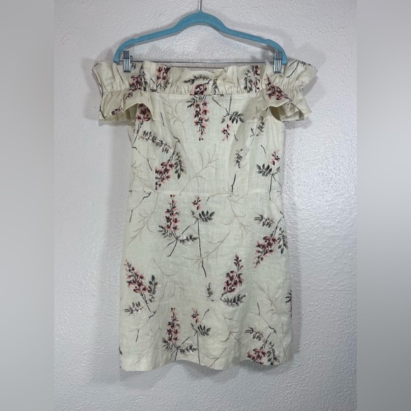 Rebecca Taylor Ivie Embroidered Off-The-Shoulder Dress Mini Women’s 10 Linen - Picture 1 of 15